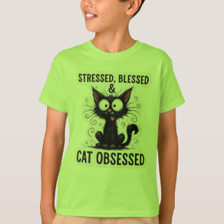 T-shirt Stressed Blessed & Cat Obsessed Funny Black Cat De