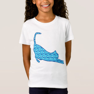 T-Shirt Stretting Cat Silhouette dans un Motif Lotus Bleu