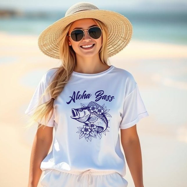 T-shirt Style Aloha Bass-Fisherman (Aloha Bass, Hawaiian, Fisherman Core Style, Tropical Flowers, Beach t shirt, summer t shirt, blue)