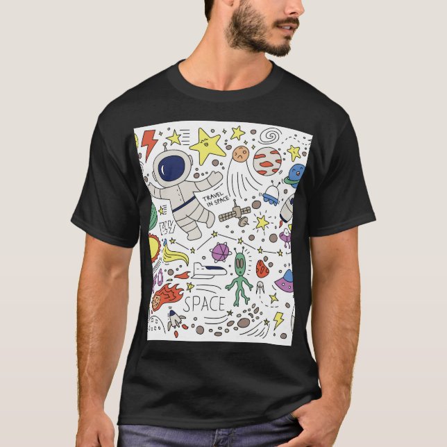 T-shirt Style Doodle, illustration du thème spatial. (Devant)