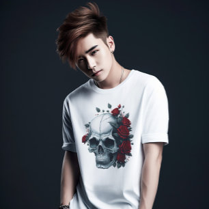 T-shirt Style moderne Rouge Floral Noir Crâne à sucre