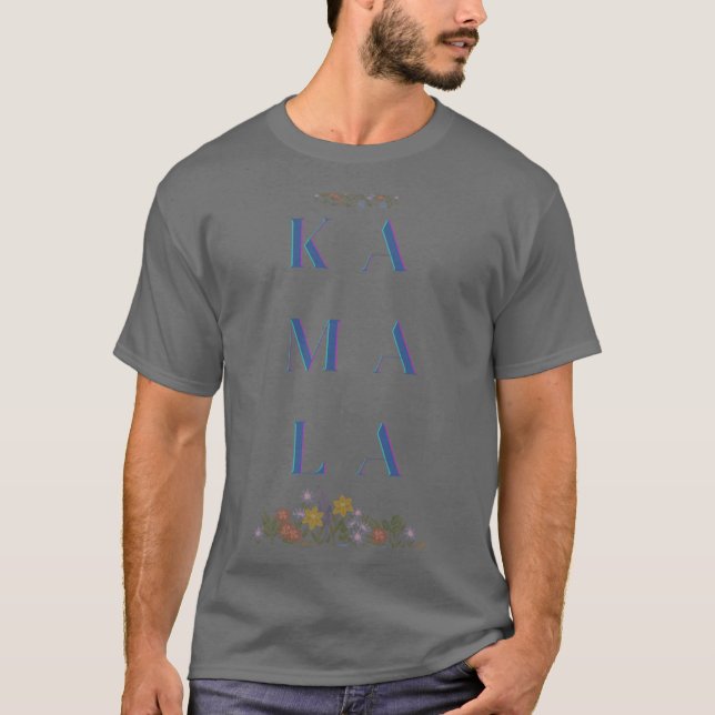 T-shirt Subtil Kamala Harris. Fleurs. Gris et bleu (Devant)