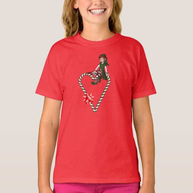 T-shirt Sucre de canne Elf mignon Noël de coeur (Devant)