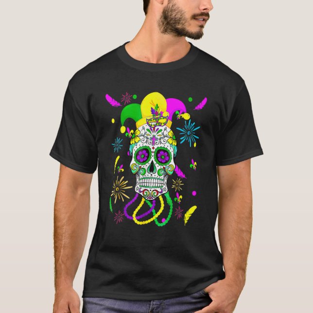 T-shirt Sugar Skull Carnival Mask Jester Hat Mardi Gras (Devant)
