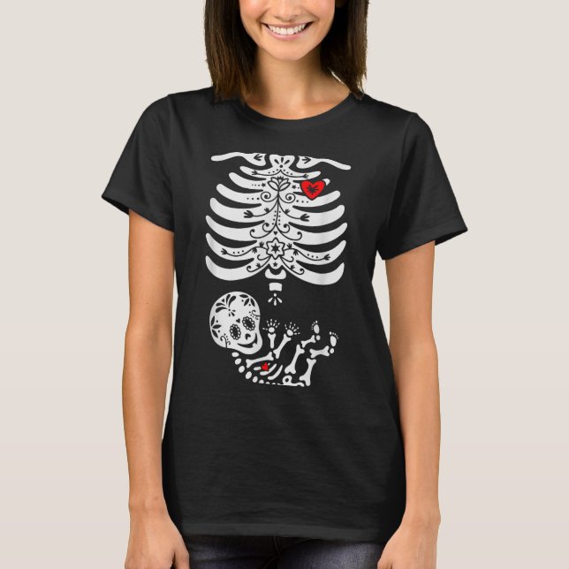 T-shirt Sugar Skull Skeleton Halloween Pregnancy Annouceme (Devant)