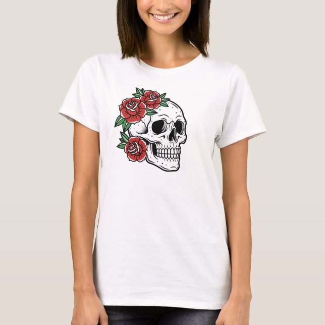 T-shirt Sugar Skull with Red Roses Poster (Devant)