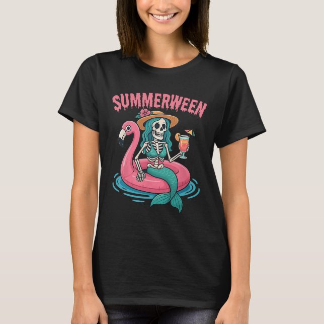 T-shirt Summerween Mermaid Skeleton Beach Flamant rose Hal (Devant)