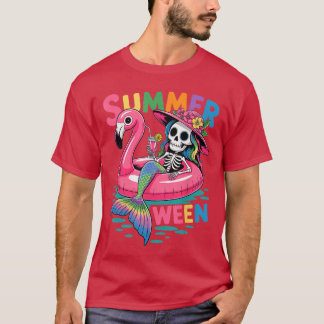 T-shirt Summerween Mermaid Skeleton Beach Flamingo Hallowe