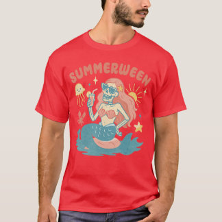 T-shirt Summerween Skeleton Mermaid Beach Flamingo Hallowe