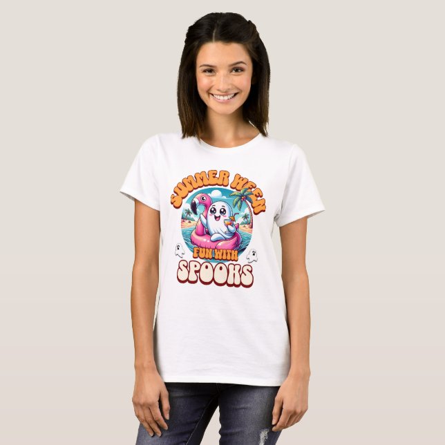 T-shirt Summerween Spooky Cute Ghost Flamingo Float Beach (Devant entier)