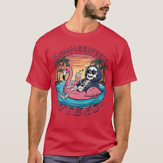 T-shirt Summerween Vibes Halloween Summer Fun Flamingo Ske (Devant)