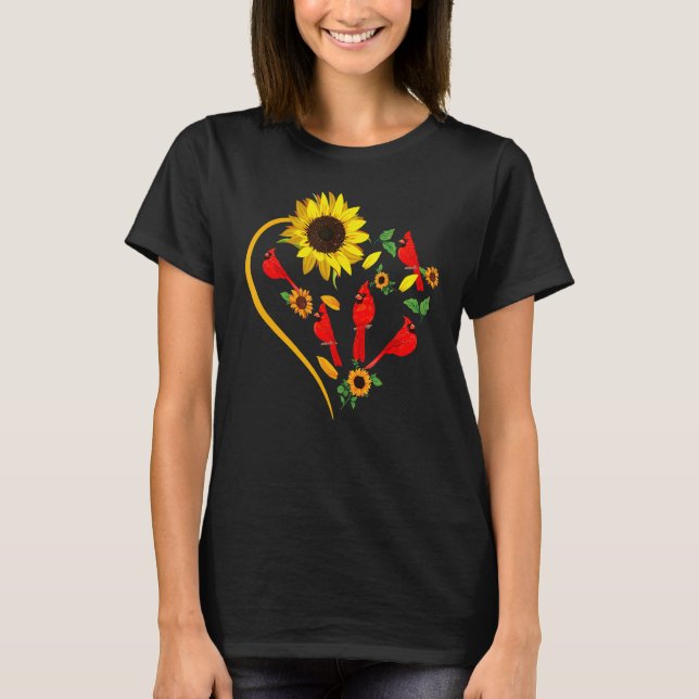 T-shirt Sunflowers Cardinal Birds Cute Heart Shape Funny B (Devant)