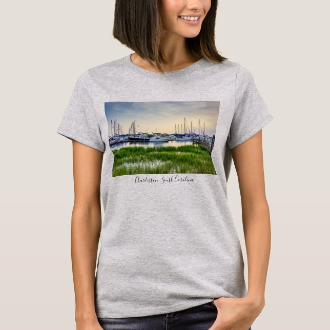 T-shirt Sunset des bateaux du port de Charleston (Devant)
