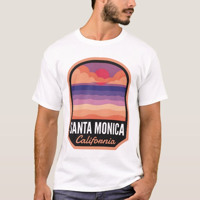 T-shirt Sunset rétro de père Noël Monica Beach CA (Devant)