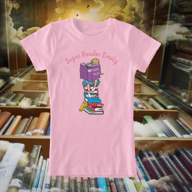 T-Shirt Super lecteur de dessin animé fille sur les livres (Créateur téléchargé)