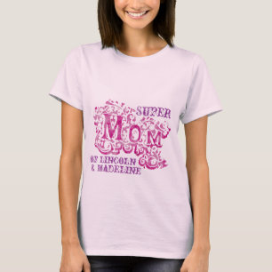 T-shirt Super Mom décorative roses & violets noms d'enfan