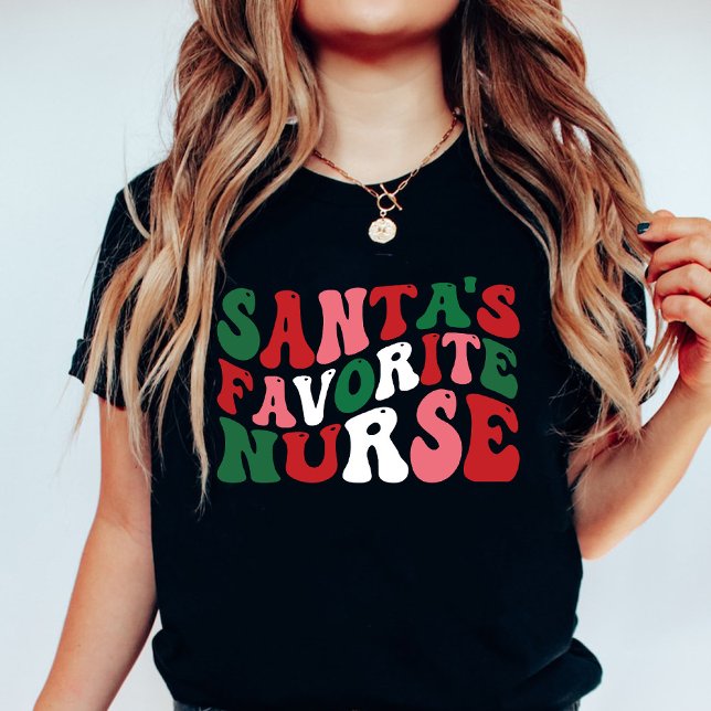T-shirt Super Père Noël Favori Nurse Christmas Noir (Groovy Santa's Favorite Nurse Christmas Black T-Shirt)