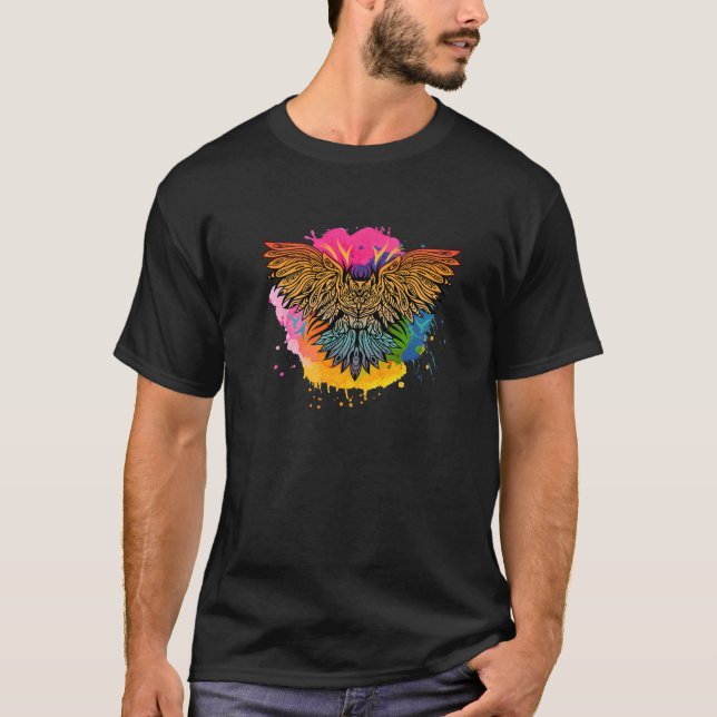 T-shirt Superbe Chouette Tribale Avec Splash Couleur (Devant)
