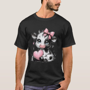 T-shirt Superbe vache noire et blanche tenant un cœur rose