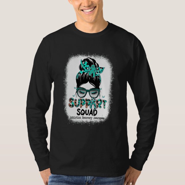 T-shirt Support Squad Messy Bun Teal Ribbon Addiction Reco (Devant)