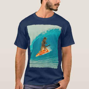 T-shirt Surf Cat Kitty Riding a Wave with Pizza Surf Boa