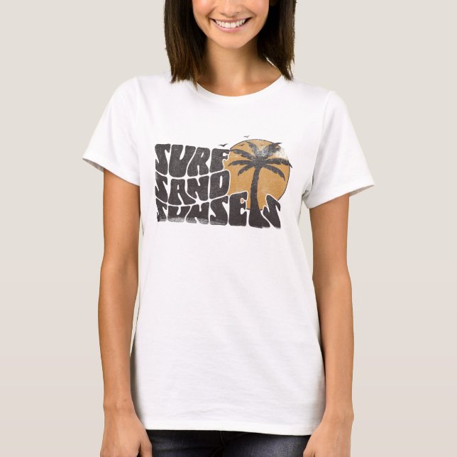 T-shirt Surf Rétro Couchers de soleil Palm Tree Beach Vibe (Devant)