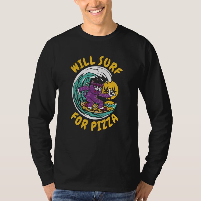 T-shirt Surfer Cat Waves Surfrider  Surfboard Pizza Surfin (Devant)