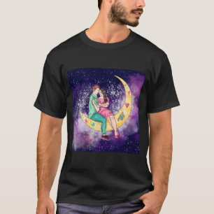 T-shirt Surreal Couple Art Assis Sur La Lune Avec Étoiles