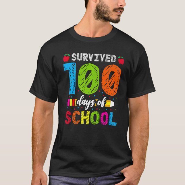T-shirt Survécu 100 Jours De Chalk Coloré À L'École Crayon (Devant)