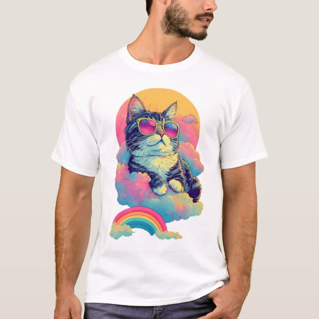 T-shirt Swag Chat Retro Chill Cat avec Rainbow Aura (Devant)