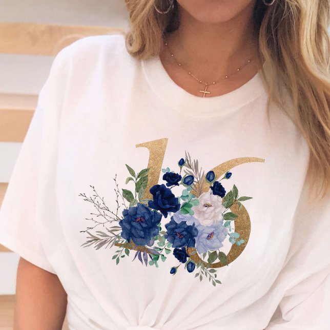 T-shirt Sweet 16 Gold Floral Numéro 16 Blue Rose (Créateur téléchargé)