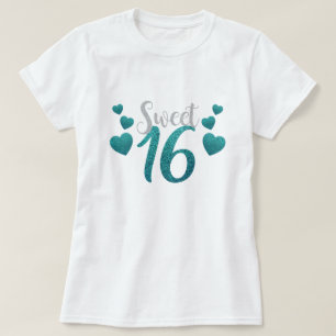 T-shirt Sweet sixteen 16 Anniversaire Turquoise Blue Faux 