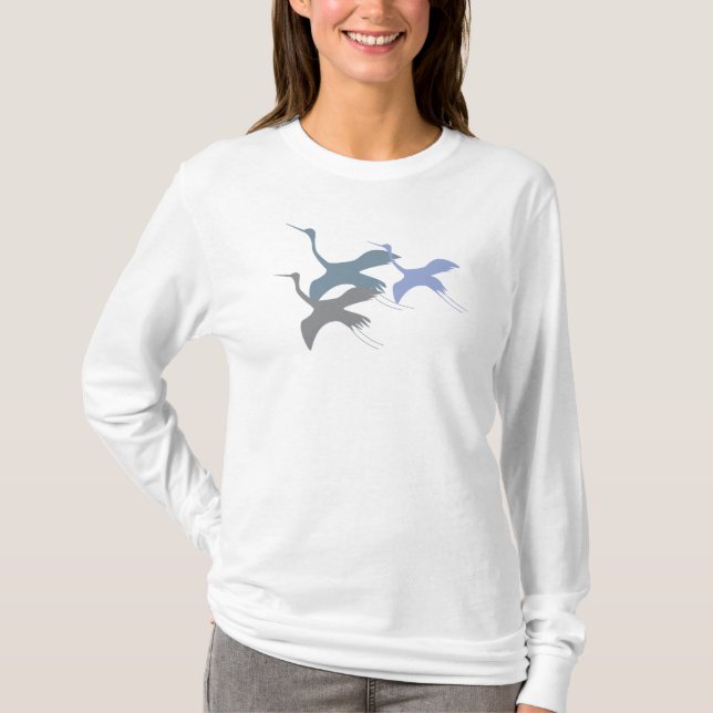 T-shirt Symphonie Skyward : Grue blanche bleu et gris (Devant)