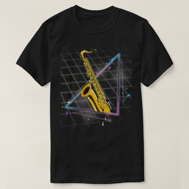 T-shirt Synthwave 90s Saxophoniste Jazz Musicien Saxophone (Design devant)