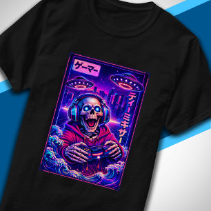 T-shirt Synthwave Japonais Sci-Fi UFO Squelette Gamer Cool