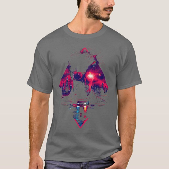 T-shirt Synthwave Man Retro Car City Vaporwave 90s family  (Devant)