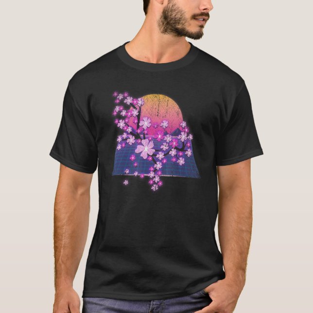T-shirt Synthwave Sunset Sakura Flower 90s Vaporwave Cherr (Devant)