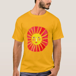 T-shirt T-Chemise Rayonnante Face Soleil Rouge Et Jaune
