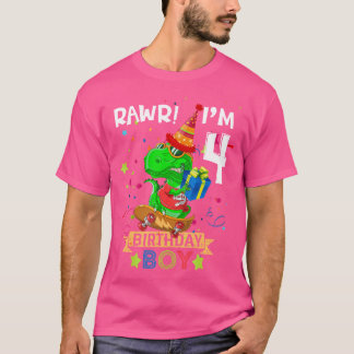 T-shirt T Rex Boy 4 Year Old 4Th Birthday Boy Party Raw I'