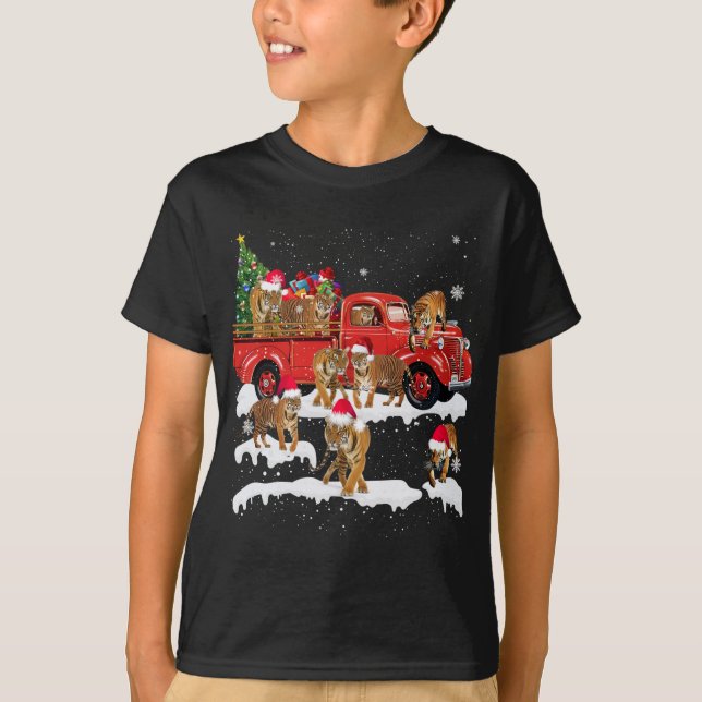 T-shirt T-rex équitation Camion Rouge Arbre de Noël Croire (Devant)