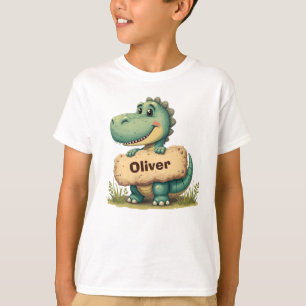 T-shirt T-Rex joueur avec enseigne de nom en pierre