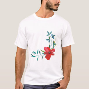 T-shirt T-Shi essentiel Fleur Rouge & Feuille Verte Aquare