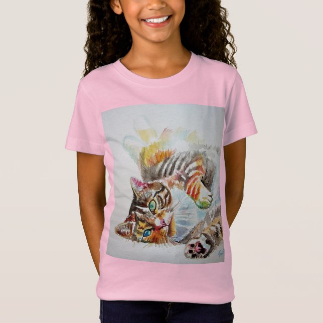T-Shirt Tabby Chat chats mignonette aquarelle rose Filles  (Devant)