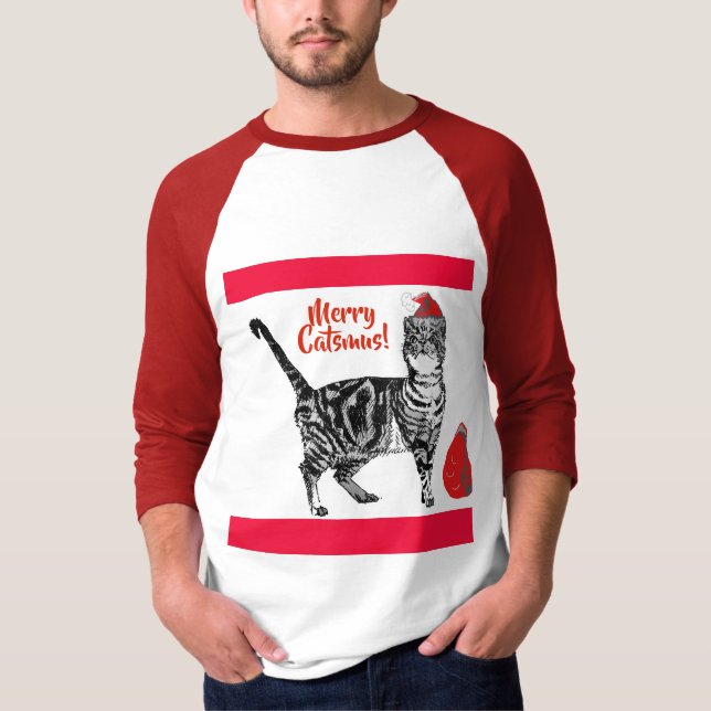T-shirt Tabby Chat Joyeux Noël Catsmus Rouge Funny Chats T (Devant)