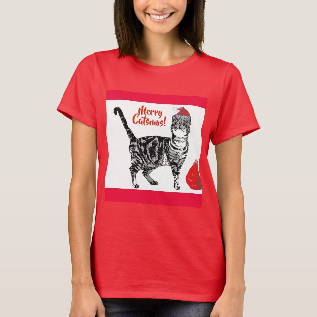 T-shirt Tabby Chat Joyeux Noël Catsmus Rouge Funny Chats T (Devant)