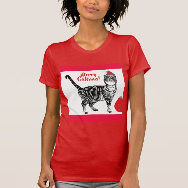 T-shirt Tabby Chat Joyeux Noël Catsmus Rouge Funny Chats T (Devant)