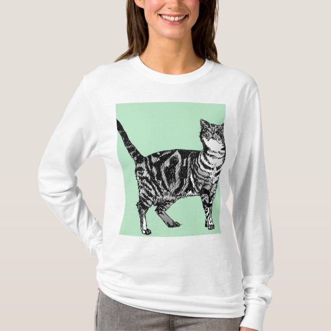 T-shirt Table et menthe verte Tabby Cat chat art Long manc (Devant)