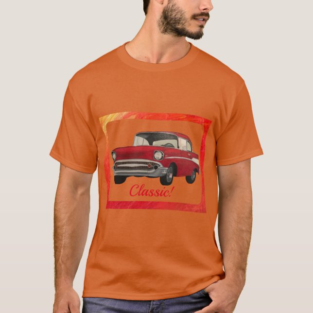 T-shirt Tableau classique de voiture rouge ancienne sur le (Devant)