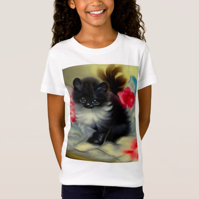T-Shirt Tableau vintage de chaton noir et blanc (Devant)