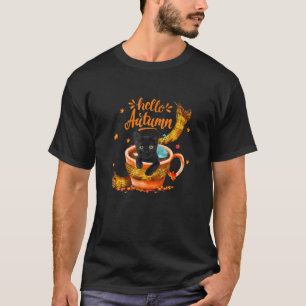 T-shirt Tasse de café de chat noir mignon Bonjour l'automn